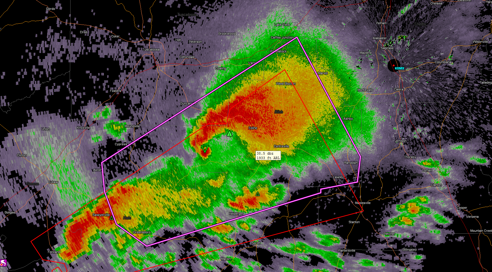 Radar image showing a severe thunderstorm warning polygon