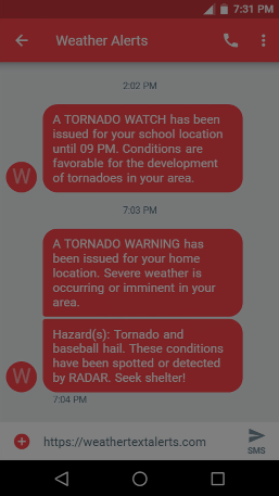 Android sample WeatherTextAlert tornado watch and warning messages